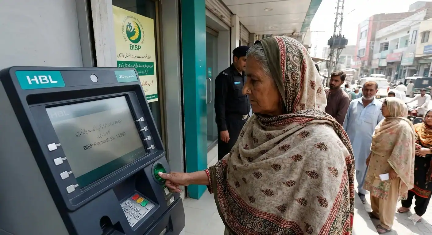 Woman using ATM for Ehsaas registration at 8171 portal.